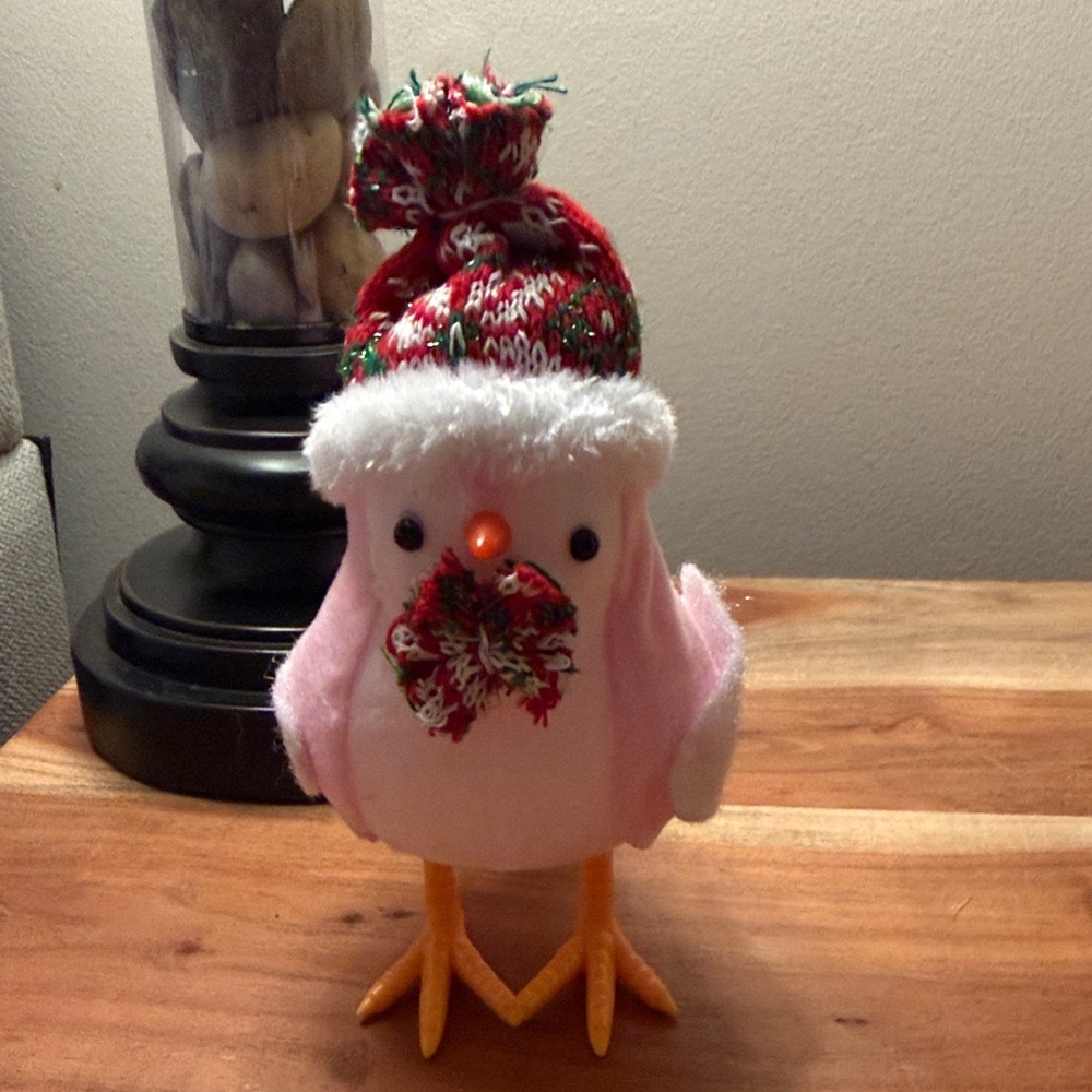 Charming Pink Bird Toy with Festive Red Hat